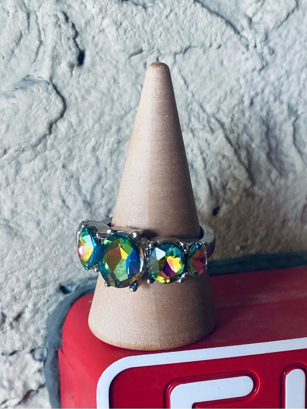 Aurora Crystal Multi-Color Cubic-Zirconium 5 Stone Stainless Steel Ring Size 8